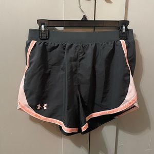 Peach and dark grey under armour running shorts